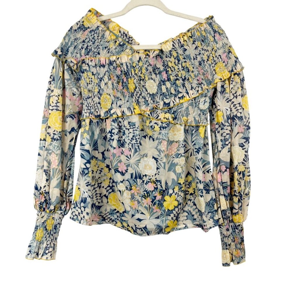 Alice McCall Love Shakin Top Blue Floral Off Shoulder Smocked Peasant‎ Size US 8